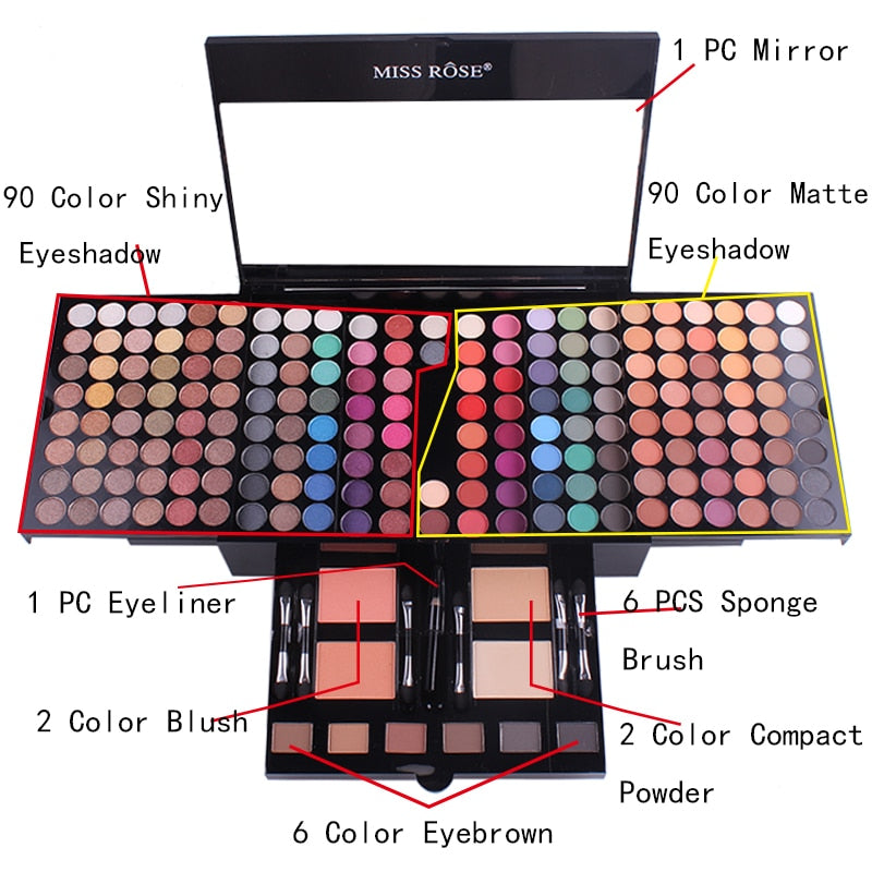 Long Lasting Waterproof Shimmer Makeup Kit Glitter Matte Soft Eyeshadow Palette Set Women Makeup 180 Colors Multicolor
