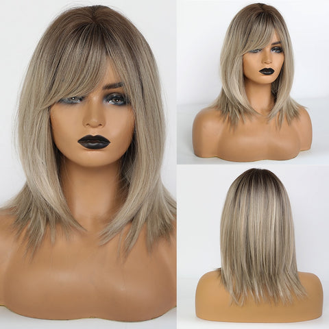 Cyber Monday Big Sales Short Straight Ombre Black Brown Synthetic Wigs With Bangs For Women Bob Wig Heat Resistant Lolita Cosplay Daily Wig