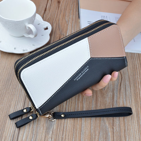 Beyprern Double Zipper Women Wallet PU Leather Red/Blue/Pink/Black Card Holder Long Female Wallet Color Matching Cellphone Bag Lady 2022