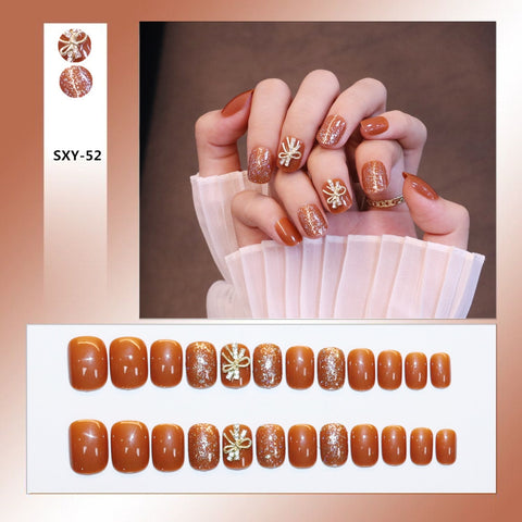 Bow Short Level False Nails Adhesive 3D Beautiful Stick-on Nails Artificial Square Jump Color Fake Nails with Design Z350