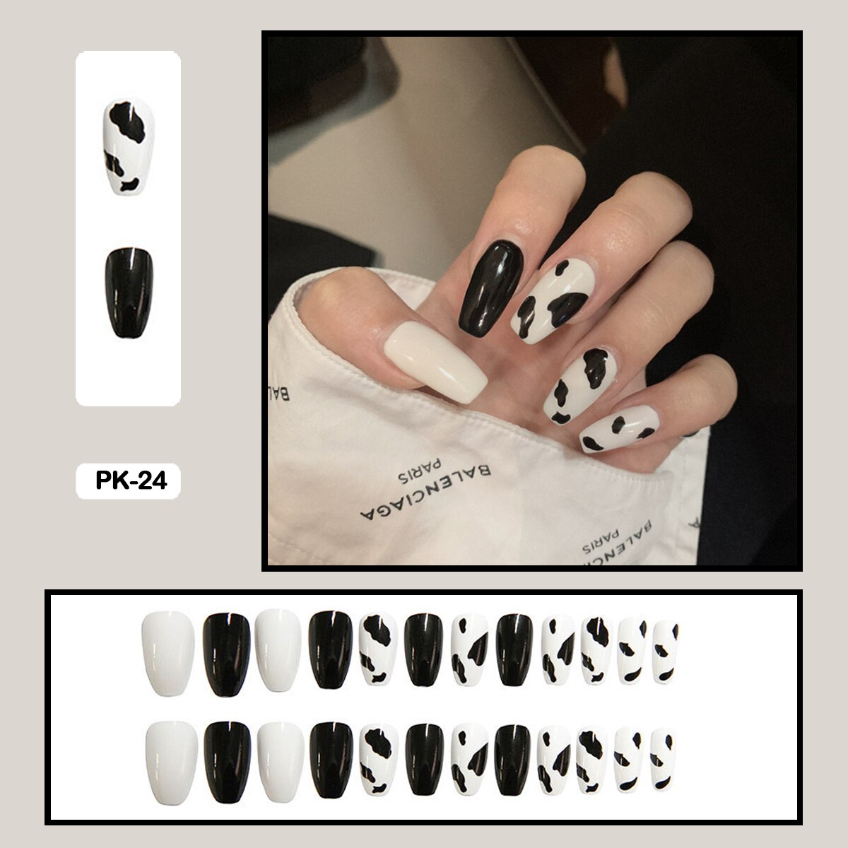 Graduation gifts Black And White Cow Pattern Nail Art Wearable False Nails Fake Nails With Glue 24pcs/box WIth Wearing Tools As Gift