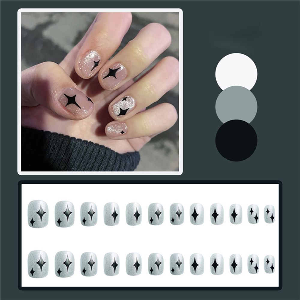 24pcs/box Press on Fake Nails Nail Art Short Cute Black Leopard Print with Artifical Designs Full Cover Stick False Nails Tips