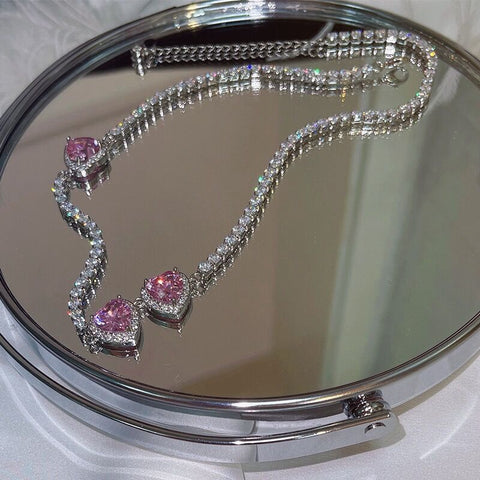 Beyprern Korean Trendy Sweet Pink Crystal Heart Necklace For Women Girls Elegant Zircon Snake Chain Choker Collares Jewelry