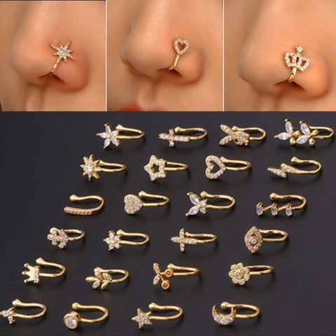 1PCS Copper Crystal Heart Fake Nose Ring Cuff Non Piercing Evil Eye Fake Nose Piercing Clip On Nose Rings Women Trendy Jewelry