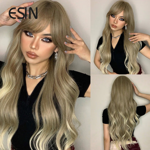 Black Friday Big Sales Synthetic Light Blonde Ombre To Platinum Long Body Wave Hair Wigs With Bangs For Women Cosplay Natural Heat Resistant