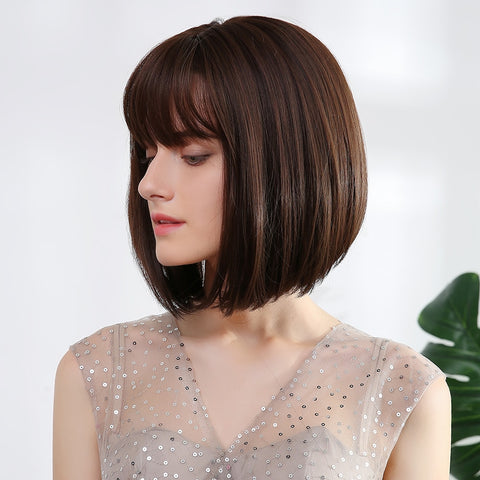 Black Friday Big Sales Synthetic Dark Brown Black Wig With Bangs Bob For Women Short Straight Hair Wigs Cosplay Hairstyle Medium