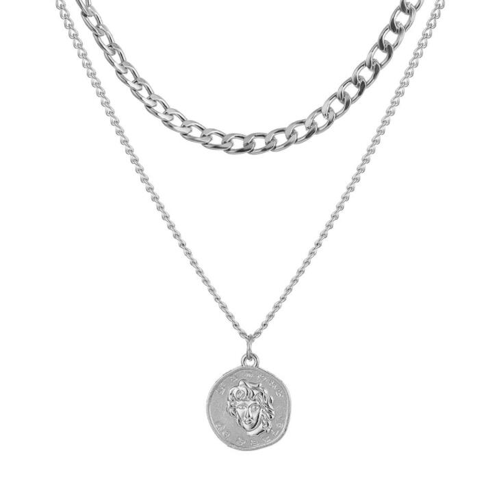 DIEZI Multilayer Hip Hop Choker Chain Necklace Vintage Punk Carved Coin Pendant Necklaces Women Ladies Girls Statement Jewelry