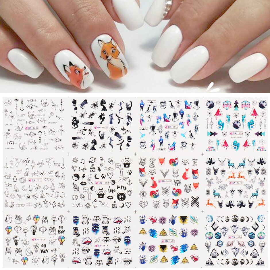Beyprern 12Pcs Abstract Girl Face Sliders Manicure Stickers Nail Art Decals Line Drawing Letter Water Tattoo Nail Decor Set
