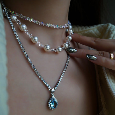 Korean Elegant Pearl  Zircon Choker Necklace For Women Ladies Fashion Blue Waterdrop Crystal Collares Jewelry