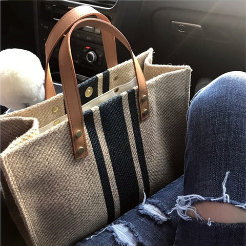 Beyprern Simple Fashion Large-capacity Handbag For Ladies Vintage Striped Tote For Female Portable Ol Business Briefcase Korean Style