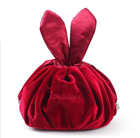 Cosmetic Bag Round Velvet Soft Makeup Bag Drawstring Rabbit Ear Travel Make Up Organizer Female Storage Toiletry Beauty Kit Case