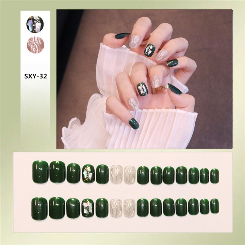 Fake Nails With Glue Jelly Nail Piece 24 Pcs Adhesive Round/flat/pointed Tip Manicure Patch With Decor False Nails Nail Patch Tn