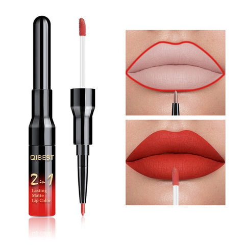 QIBEST 2 in 1 Double Head Liquid Matte Lipstick Lip Gloss & Lip Liner Waterproof Long-Lasting Nude Lip glace Mate Lip stick Pen