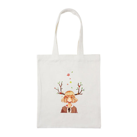 Women Foldable Shoppper Bag Canvas Cartoon Deer Printed Shoulder Bags Totes Kawaii Anime Beach Bags Japanese Girls School Bags