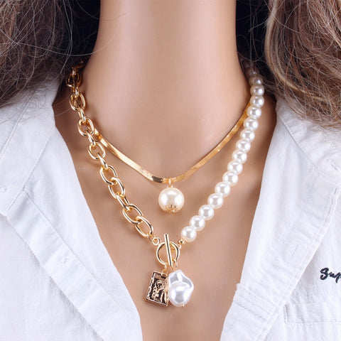 DIEZI Fashion Gold Plated Silver Color Color Metal Chain Choker Necklaces Women Elegant Baroque Imitation Pearls Necklace
