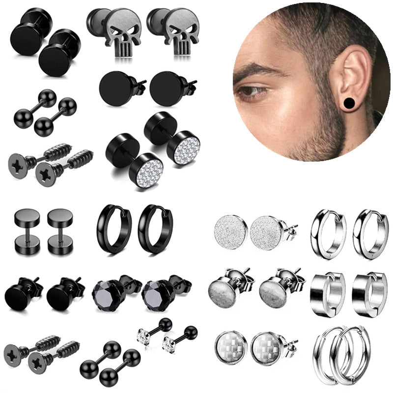 Beyprern Halloween Stainless Steel Skull Black Stud Earring Set For Men Punk Earrings Set Men's Jewelry Gothic Men Earrings Studs Lot Ear Stud Set