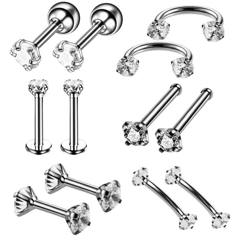Beyprern 12Piece Surgical Steel Crystal Labret Piercing Set Eyebrow Piercing Lot Nose Stud Pack Horseshoe Piercing Tragus Earring Jewelry