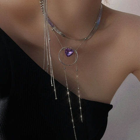 Fashion Design Purple Crystal Heart Metal Circle Necklace For Women Girls Trendy Link Chain Party Jewelry