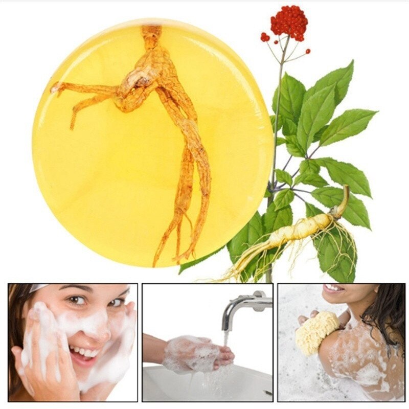 1PC Ginseng Handmade Soap Chinese Herb Honey Kojic Acid Soap Whitening Shrink Pores Body Face Skin Care Moisturizing 100g