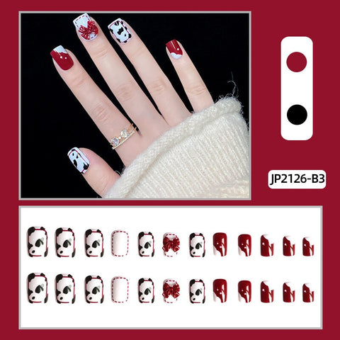 Christmas Deer Design with Glue False Nails Short Fashion Graffiti Leopard Square Fake Nails press on nail Sticker on nail Art