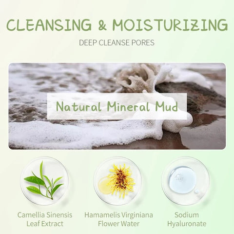 LAIKOU Green Tea Mineral Mud Facial Mask Deep Cleaning Oil-Control Moisturizing Blackhead Remover Acne Treatment Pore Cleanser