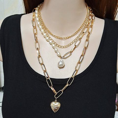 DIEZI Multilayer Fashion Imitation Pearl Choker Necklace Gold Color Statement Party Gift Heart Pendant Necklaces Chain Jewelry