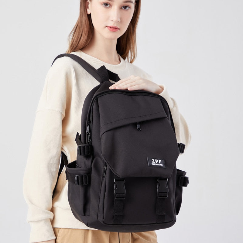 Solid Color Insert Buckle Waterproof Nylon Women Backpack Female High Quality Travel Bag Lady Big Book Bag Black Girl Schoolbag