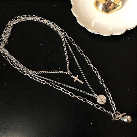 DIEZI Multilayer Hip Hop Vintage Silver Color Chain Coin Cross Pendant Necklace Punk Geometric Choker Necklaces for Women Men
