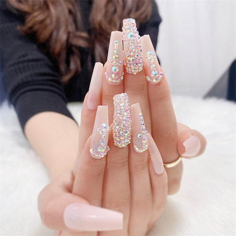 Cyber Monday Big Sales JP1934-B3 Press On Fake Nails Set 3D Crystal Diamond Butteryfly Extra Long French Nude Faux Ongles With Designs