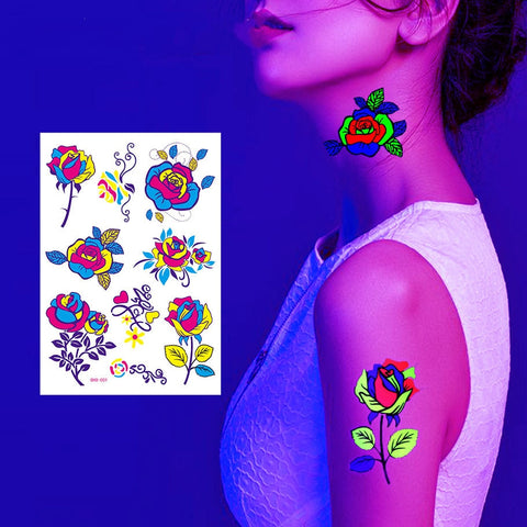 Beyprern 1Pc Fluorescent Butterfly Luminous Tattoo Sticker Facial Makeup Rose Sticker Flower Arm Dress Up Party For Women