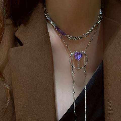 Fashion Design Purple Crystal Heart Metal Circle Necklace For Women Girls Trendy Link Chain Party Jewelry