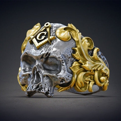Beyprern Halloween 2023 New Arrival Men's Ring Retro Gothic Retro Skull Head Mysterious Golden Masonic Retro Male Ring Jewelry For Men