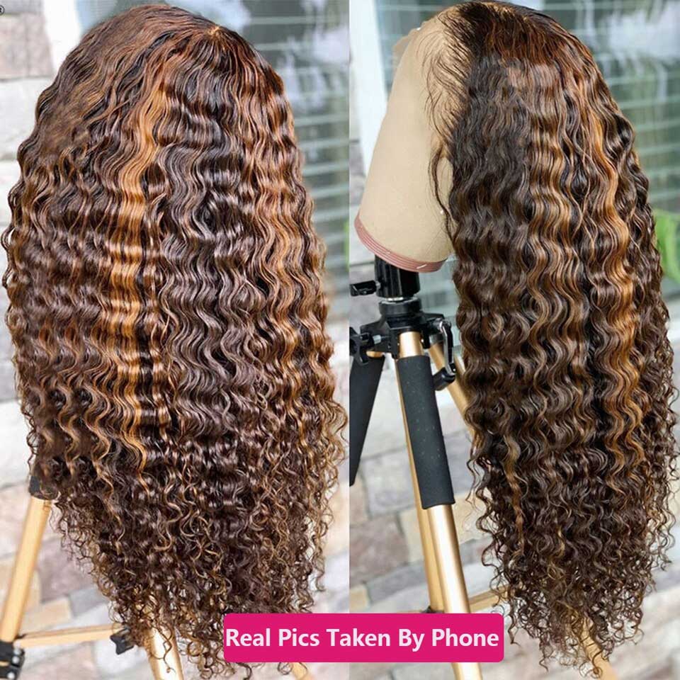 Beyprern Ombre Deep Wave Frontal Wig Honey Blonde Curly Lace Front Human Hair Wigs T Part Highlight Deep Wave HD Lace Frontal Wigs