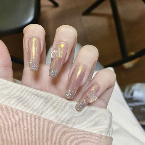 24Pcs Simple Heart Pearl French Long Coffin False Nails with Designs Artificial Nails Tips Ballet Bow Glue Press on Nail