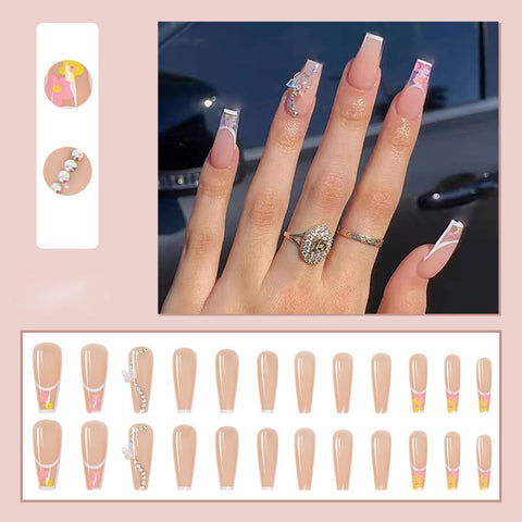 Beyprern Long Coffin False Nails Aurora Butterfly With Designs French Ballerina Fake Nails Wearable Nail Stickers Full Cover Nail Tips