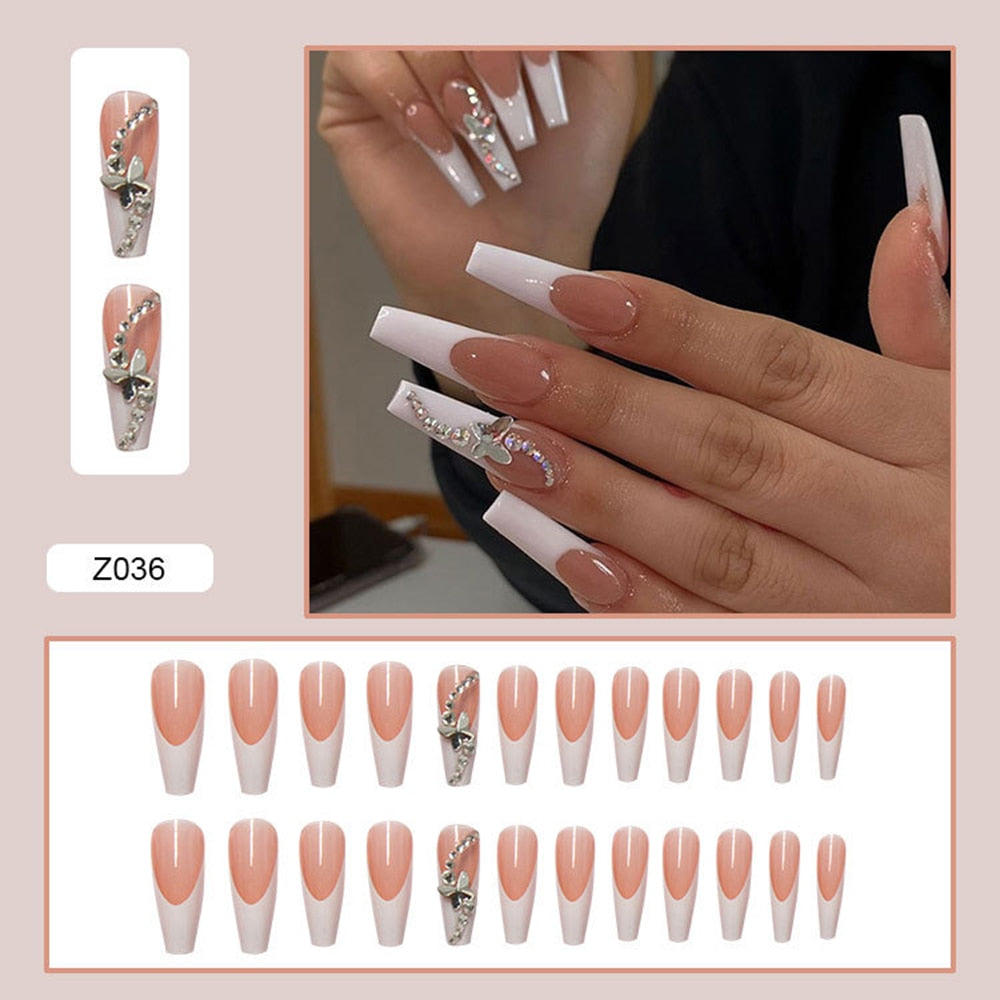 Beyprern Detachable Butterfly Rhinestone Ballerina False Nails Wearable Long Coffin Fake Nails Full Cover Nail Tips With Glue 24Pcs/Box