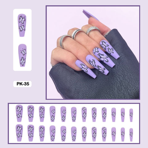 Graduation gifts Butterfly Pattern Nail Art Fake Nails Long Trapezoid Wearable False Nail With Glue 24pcs/box With Wearing Tools