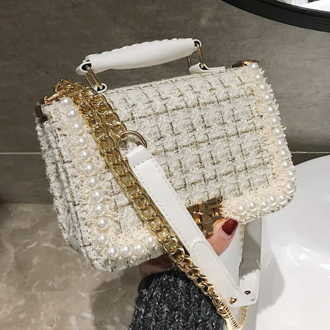 2022 Winter Fashion New Female Square Tote Bag Quality Woolen Pearl Women's Designer Handbag Ladies Chain Shoulder Crossbody Bag