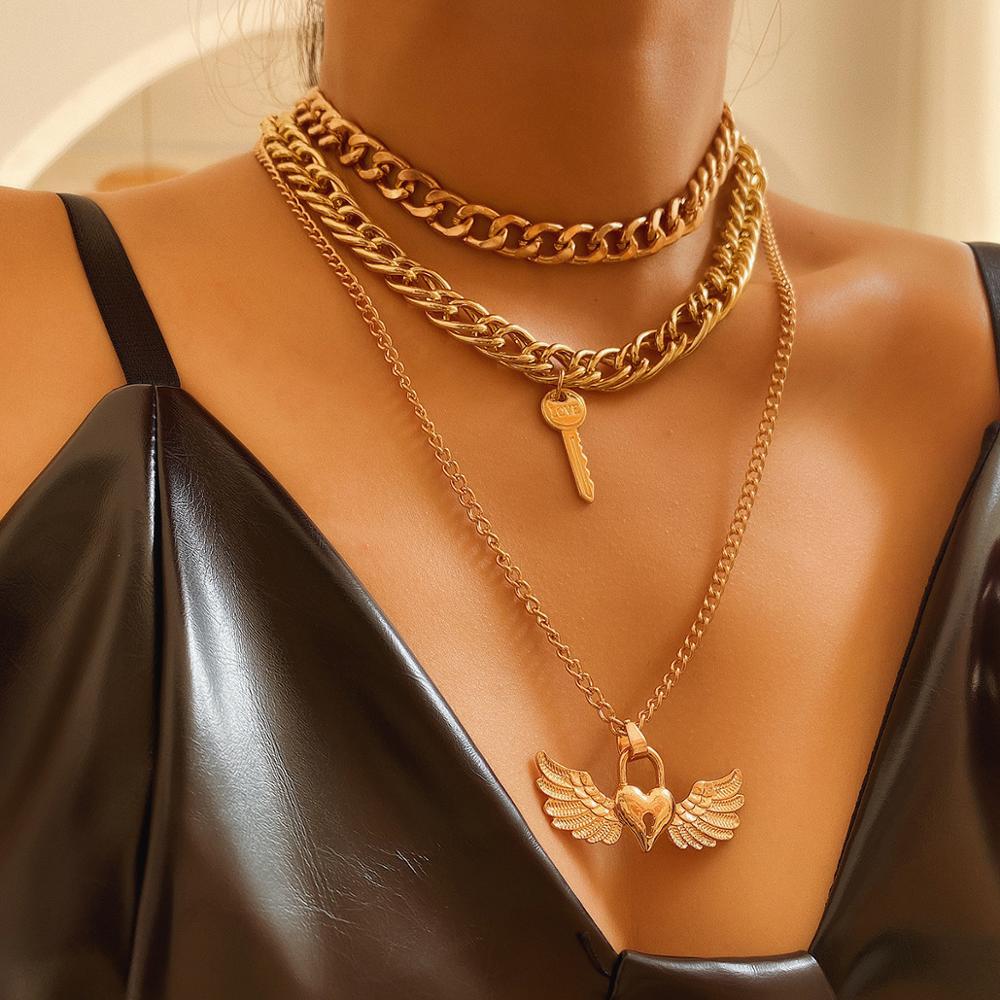 DIEZI 2019 Fashion Multilayer Lock Key Wing Gold Color Chain Necklace Punk Link Chain Pendant Choker Necklace For Women Jewelry