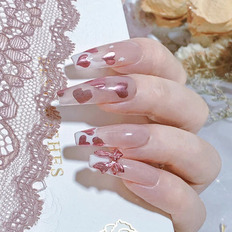 French Heart Decal Ballerina False Nail Square Full Coverage Manicure Leopard Smudge Amber Flower Double Color Fake Nail Tip