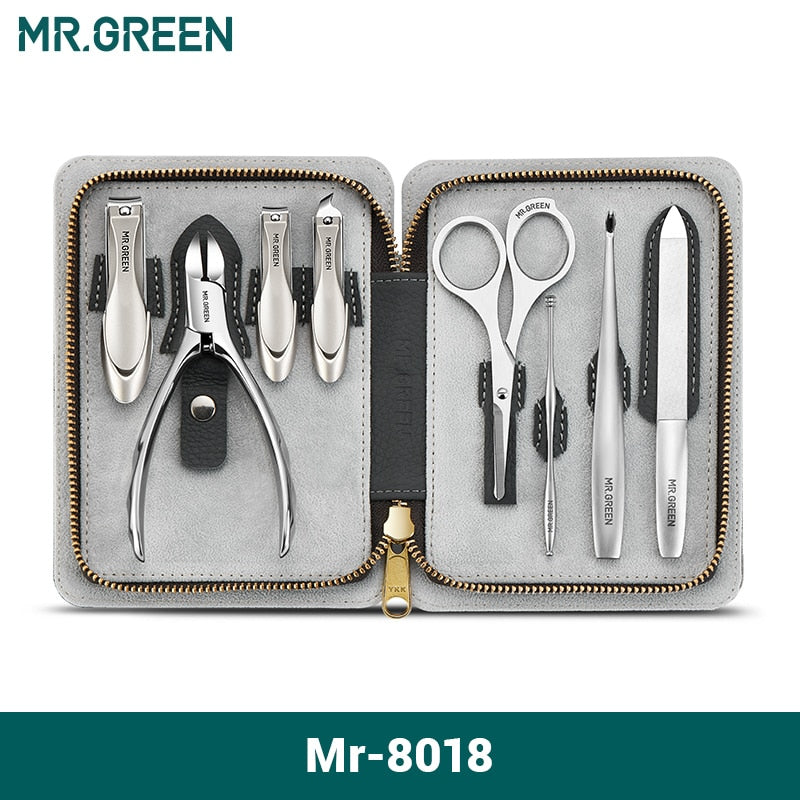 MR.GREEN Manicure Set With Morandi Grey Top-Grade Full Grain Cow Leather Packaging Nail Clipper Kits Perfect Gift Friends Family