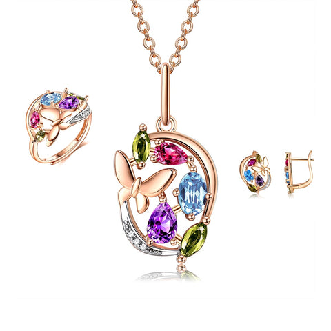 Jewelry Sets For Women Colorful CZ Rose Gold Ring Fashion Jewelry Simple Accessories Butterfly Necklace Earrings Friendship Best