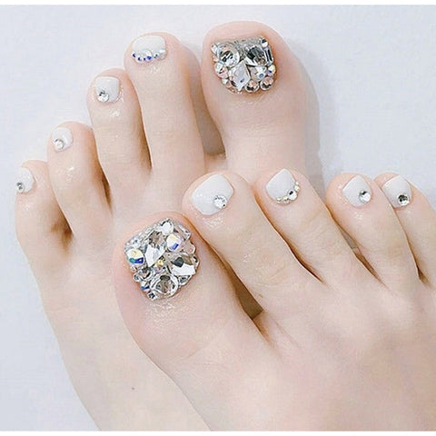 Short False Toenails Full Cover Press On Toenails Artificial Feet Nails Women Girls Glitter Crystal Design  Toe Nail Art Tool