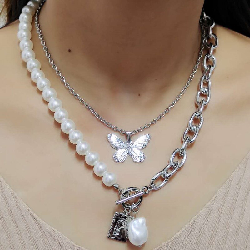 DIEZI Multilayer Vintage Butterfly Choker Chain Necklaces Jewelry Women Wedding Baroque Imitation Pearl Square Pendant Necklace