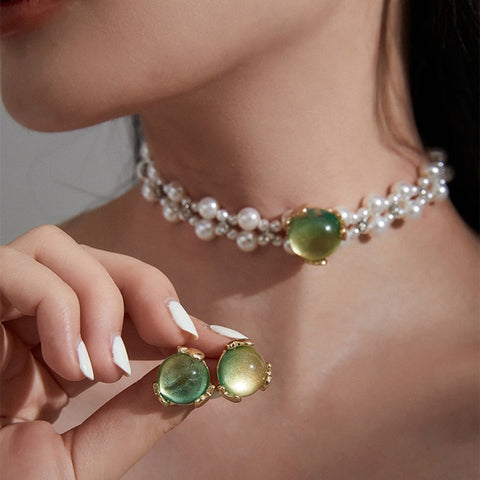 2022 Vintage Green Round Crystal Choker For Women Girls Elegant Pearl Beads Strand Necklace Trendy Wedding Jewelry