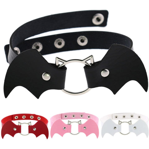 Vintage Punk Gothic Harajuku Cosplay Black White PU Leather Bat Choker Necklace For Women Men Statement Necklaces Jewelry