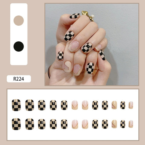 24pcs Detachable False Nails Lattice Cross Color Short Fake Nails with Designs Bow Flower Decal Square Level Nail Tips