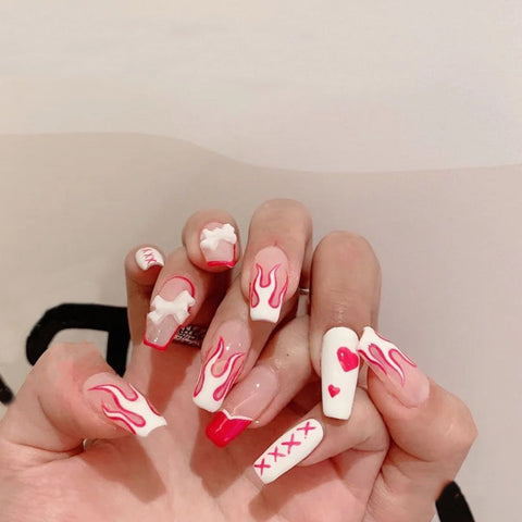 Pink Long Coffin Ballerina False Nails Simple Heart Transparent Bow Shiny Full Cover DIY Glue Press On Nails Detachable Tips