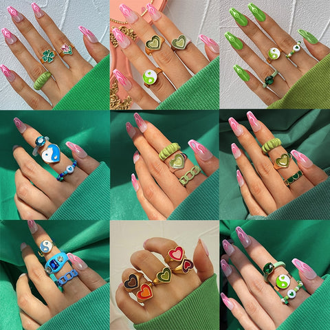 17KM Trendy Love Green Heart Rings Set for Women Couples Sweet Colorful Acrylic Resin Heart Chain Couple Ring Wholesale Jewelry