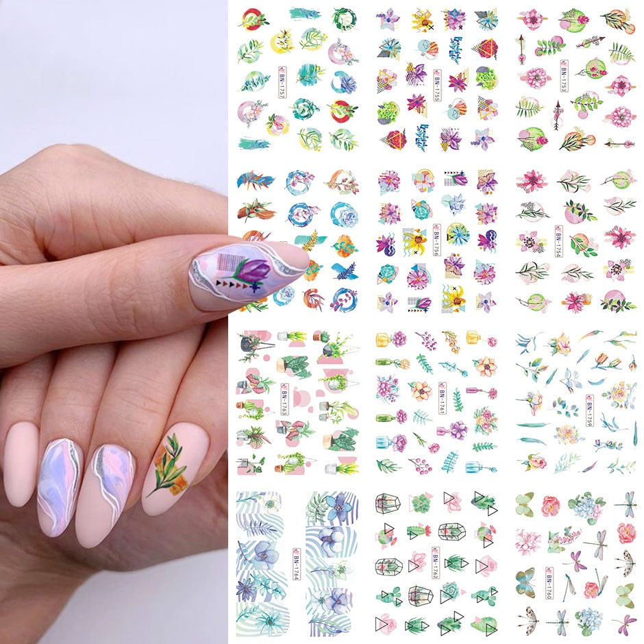 Beyprern 12 Pcs Flower Leaf Colorful Base Stickers For Nails Water DIY Sliders For Manicure Summer Design Accessories CHBN1753-1764